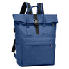 A blue laptop backpack featuring a roll-top closure, front pocket, and adjustable shoulder straps. Includes a logo.