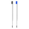 Two plastic pen refills in white, one with a black tip and the other with a blue tip, featuring a logo.