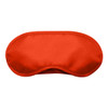 An orange sleep eye mask with a smooth texture and a contoured shape. It has a logo on it.