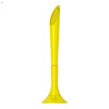 A bright yellow plastic pen with a tapered design and a circular cutout at the top. It features a logo.