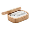 Bamboo wireless earbuds in a charging case, featuring a natural bamboo finish and white earbuds nestled inside.