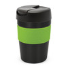 A drink bottle featuring a black body with a green silicone grip and a black lid, designed for a capacity of 340ml.