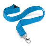 A bright blue custom printed lanyard, featuring a secure clip and a sturdy fabric design.