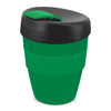 A drink bottle featuring a green body and a black lid, with a logo visible on the side.