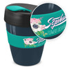 A drink bottle featuring a black lid and a dark blue body, with a teal band and floral design. It has a logo.