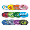 A collection of colorful PVC coasters featuring various business logos and designs.