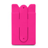 A pink phone wallet with an attachment mechanism on the back and a logo.