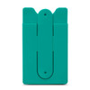 A teal phone wallet with a simple design and a slot for cards, featuring a logo on the front.