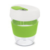 A reusable coffee cup with a clear body, white lid, and green silicone band and top. It has a logo on the side.