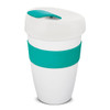 A drink bottle with a white body, turquoise band, and lid. Features a logo on the side. Holds 480ml.