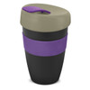 A drink bottle featuring a black base, green lid, and purple band, with a sleek, modern design.