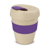 A drink bottle with a cream speckled body, a purple grip band, and a matching purple lid. It features a logo.