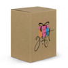 A gift box with a decorative design featuring colourful elements and a black ribbon on a brown cardboard background.