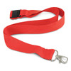 A red bamboo lanyard with a metal clip and adjustable buckle. It features a simple, sturdy design.