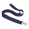 A navy blue cotton lanyard with a metal clip and adjustable buckle, featuring a branding logo.