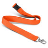 An orange soft touch lanyard with a clip and a black breakaway feature. It has a logo.