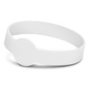 A white silicone wristband with a debossed circular feature, designed for exhibitions and events.