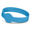 A blue silicone wristband with a debossed design and a circular feature. It has a sleek, flexible appearance.