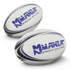 A rugby ball in white with blue and black accents, featuring a logo. Two balls are positioned side by side.