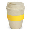 A drink bottle resembling a coffee cup, in natural tones with a yellow silicone band and lid. Features a logo.