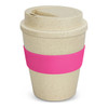 A drink bottle in natural colour with a pink silicone band and a lid, designed for hot beverages.