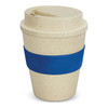 A drink bottle resembling a classic cup, featuring a natural speckled finish with a blue band and a lid.