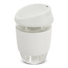 A drink bottle made of clear borosilicate glass with a white silicone sleeve and lid, featuring a logo.