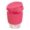 A drink bottle featuring a clear borosilicate glass body with a pink silicone sleeve and lid.