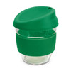 A drink bottle with a transparent borosilicate glass body, featuring a green silicone lid and sleeve.