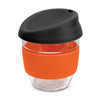 A drink bottle made of borosilicate glass with an orange silicone sleeve and a black lid.