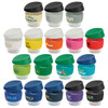 A collection of reusable coffee cups in various colours, each with a lid and featuring different logos.