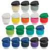 A drink bottle collection featuring reusable cups in various colours with black lids and transparent bases. Each cup has a logo.