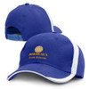 A blue and white cap featuring a logo and text on the front. The hat has a curved brim and adjustable strap.