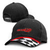 A black cap featuring a logo, with a red and checkered design on the brim.