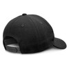 A black cap featuring a smooth fabric texture and a rear adjustable strap, with an added logo.