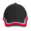 A black and red cap featuring a checkered pattern along the brim and a logo on the front.
