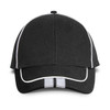 A black cap with white detailing and stripes along the brim, featuring a logo.