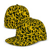 A custom flat peak cap featuring a black and yellow graffiti-style pattern and a logo on the front.