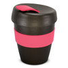 A drink bottle in black with a pink silicone band and lid, featuring a rounded design and a logo.