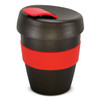 A drink bottle with a black body and a red silicone band, featuring a lid with a spout. It has a branding logo.