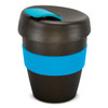 A drink bottle in black with a blue silicone band and lid, designed for holding 350ml.