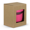 A drink bottle in a pink silicone sleeve, packaged in a brown box with a clear front window.