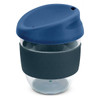 A drink bottle in navy blue and transparent, featuring a silicone sleeve and a lid, with a branding logo.