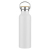A drink bottle in white with a stainless steel lid and a cork accent, featuring a branding logo.