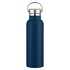 A drink bottle in navy blue with a stainless steel lid and a wooden accent. It features a logo on its surface.