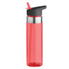 A drink bottle in bright red with a black lid and straw, featuring a silver band. Includes a logo on the side.