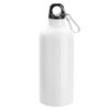 A drink bottle in white with a black top and a metal carabiner clip. It features a logo.