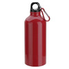 A drink bottle in shiny red with a black lid and a carabiner clip. It features a logo on the side.