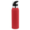 A drink bottle in bright red, featuring a black spout and silver accent, with a logo on the body.