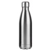 A drink bottle in a sleek stainless steel finish with a rounded base and a silver cap. It features a logo.